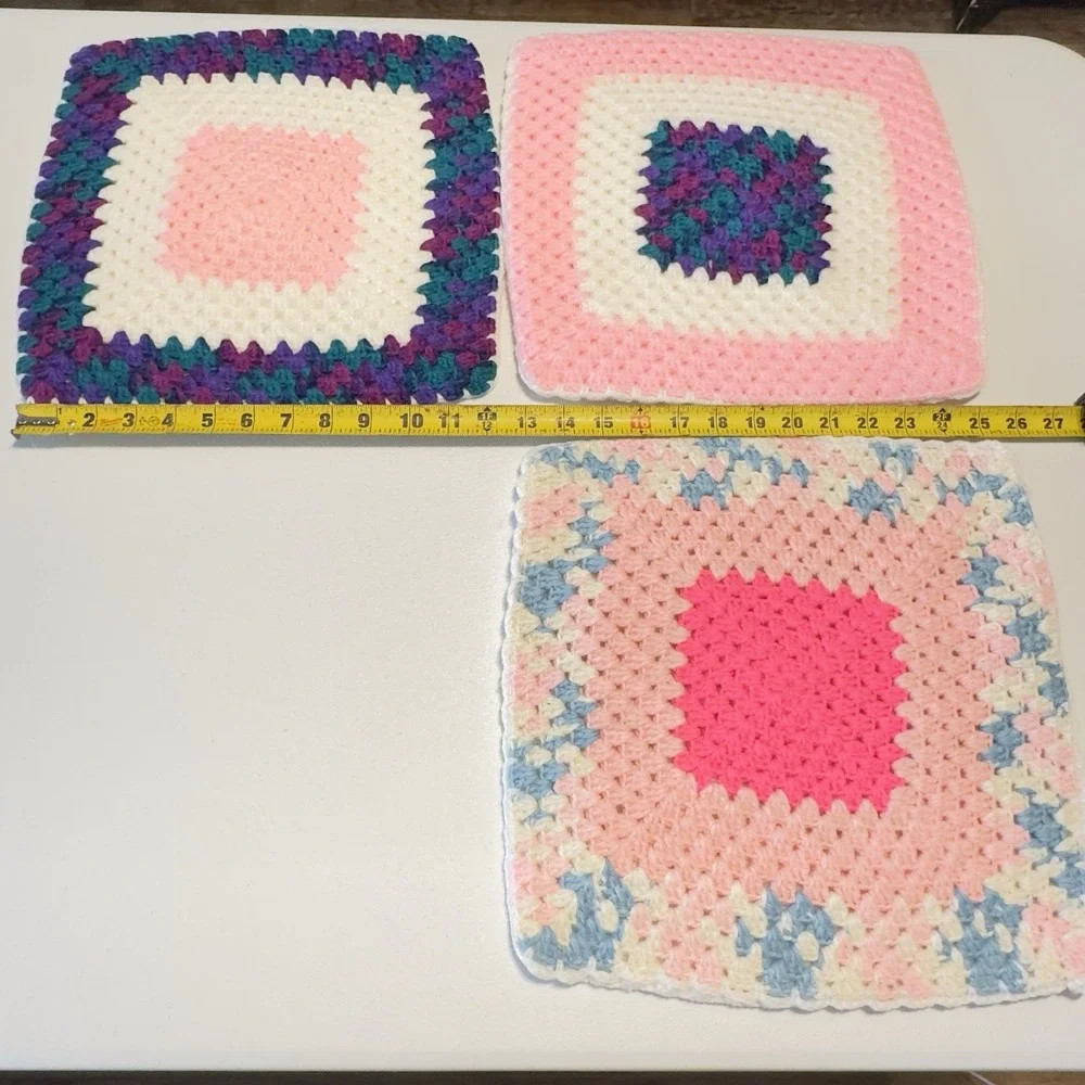 Set 3 Vtg Large Handmade Crochet Hot Pad Trivet Multicolored Thick Double Layers